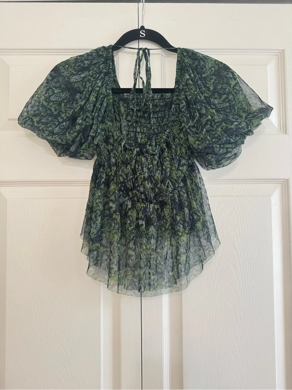 Free People Puff Sleeve Top in Dark Green Print